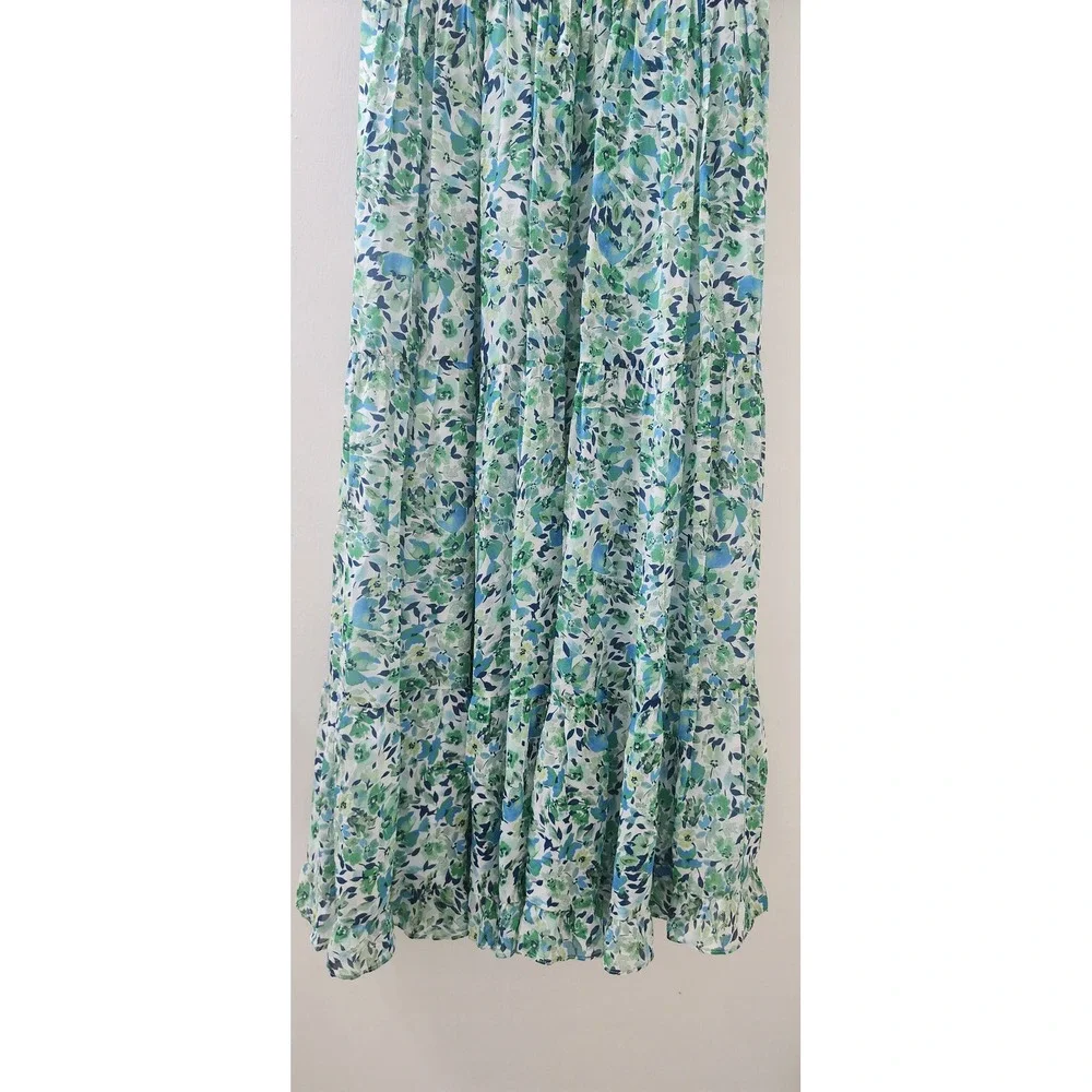 Shoshanna Green Blue Floral Tiered Maxi Dress V-Neck Tie Shoulder 5449164 4
